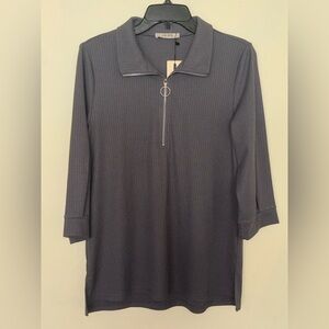 Vivilli Dark Gray Front Zipper Ribbed Knit Top